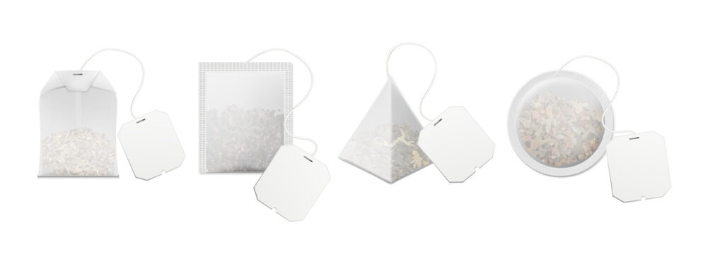 3d realistic vector illustration. Collection of tea bag mockup in square shape, pyramid shape, round shape with tea inside. 