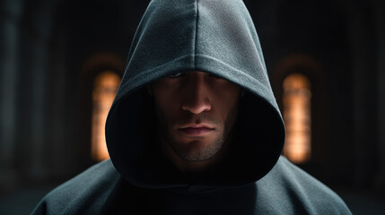 Hooded man standing in dimly lit interior with shadowed face and dramatic moody lighting conveying mystery and tension