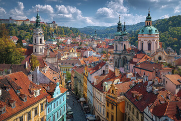 Obraz premium Panoramic view of historic European city with red tiled roofs, old churches, and cobblestone streets under partly cloudy sky, surrounded by green hills and vibrant architecture