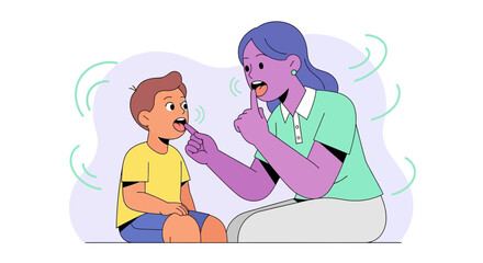 Obraz premium Speech therapist helping child with pronunciation, speech therapy session, communication development