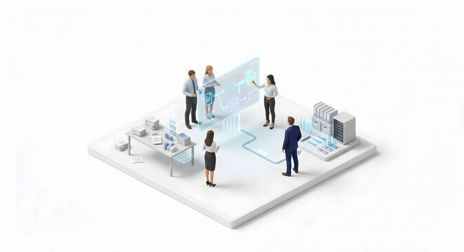 AIが業務フローを自動最適化するワークフロー管理の概念図 3DCG