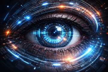 Futuristic human eye with digital enhancements and neon lights