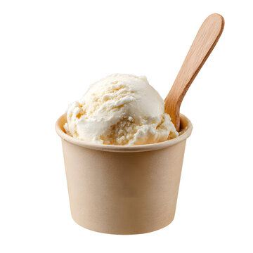 Delicious Vanilla Ice Cream in a Paper Cup with Wooden Spoon for Food and Beverage Concept