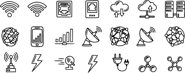 Technology and Network Icons: WiFi, Server, Cloud, Satellite, Molecule, Lightning Bolt, Cable, Smartphone, Bar Graph