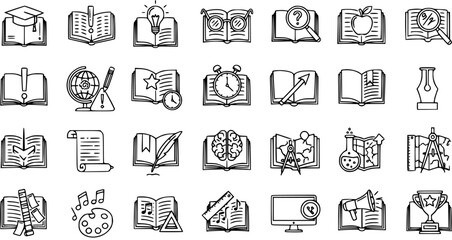 Education Icons: Graduation Cap, Books, Brain, Globe, Clock, Apple, Magnifying Glass, Ink Pen, Trophy, Monitor, Megaphone, Music Notes, Art Palette, Ruler, Flask, Map, Compass, Scroll