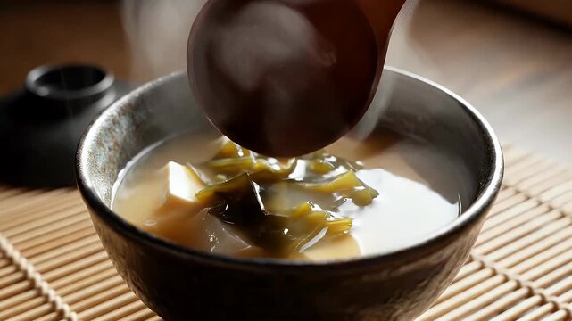Hot broth pouring from ladle into miso soup bowl