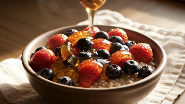 Honey drizzling over a bowl of oatmeal with berries