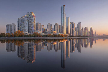 Obraz premium Urban skyline with modern skyscraper reflected in calm water during sunset, featuring high rise buildings and autumn trees along waterfront creating peaceful cityscape view