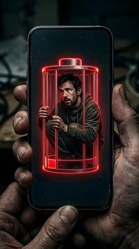 Man Trapped Inside Smartphone Screen Depicting A Glowing Red Cage Illustrating Digital Addiction and Isolation Dark Moody Lighting Detailed Close Up