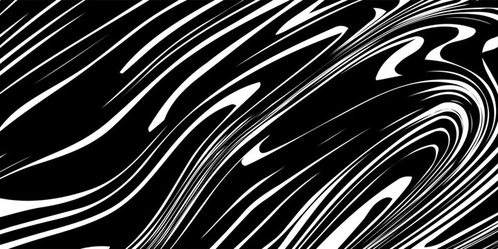 Black and white striped liquid paint effect vector seamless pattern. Wavy psychedelic background of moving liquid. Modern zebra backdrop. Groovy 1970s style.