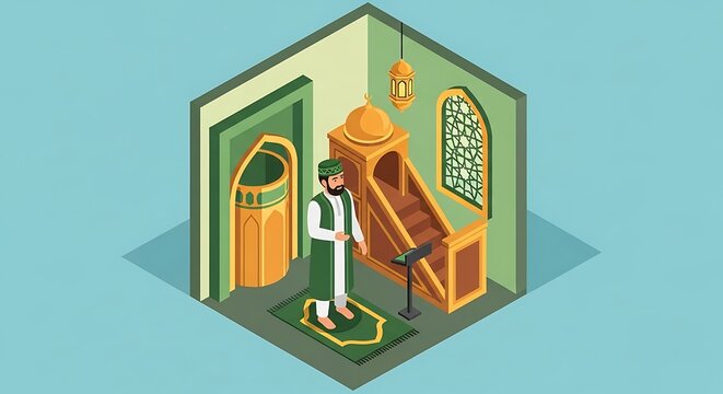 Isometric illustration depicts a religious figure standing in a decorated space with a pulpit, window, and traditional elements
