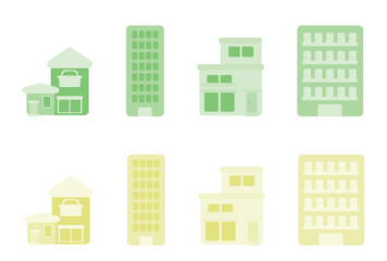 グリーンとイエローの色々な建物のシンプルなイラスト