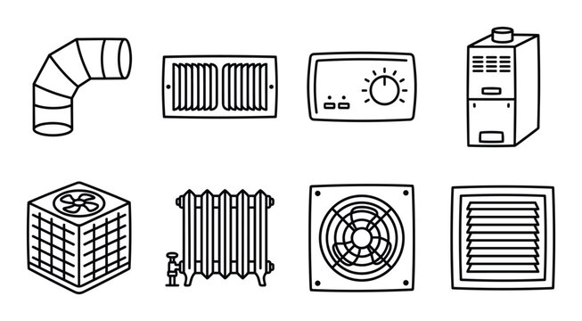 Home hvac heating ventilation and air conditioning linear icons set for construction engineering