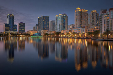 Obraz premium Waterfront downtown skyline at night with illuminated buildings reflecting on calm water, creating peaceful and vibrant urban atmosphere