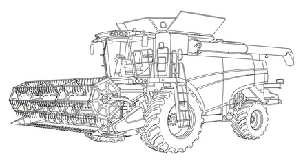 Detailed line drawing of a modern combine harvester, an essential piece of agricultural machinery used for harvesting crops.