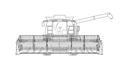 Line drawing of a modern combine harvester, front view, agricultural machinery.