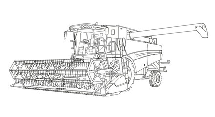 Detailed line drawing of a combine harvester for agricultural use.