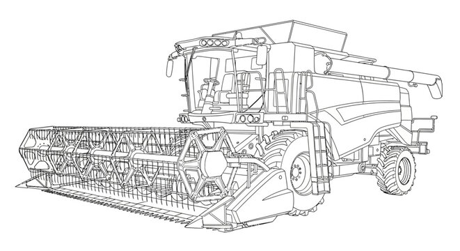 Detailed line drawing of a modern combine harvester for agricultural use.