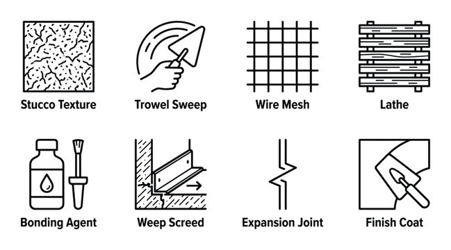 Plastering work tools line icons such as stucco texture and bonding agent set for building