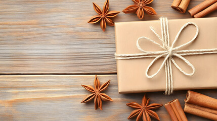 Fototapeta premium Beautifully wrapped gift with star anise and cinnamon on wooden table