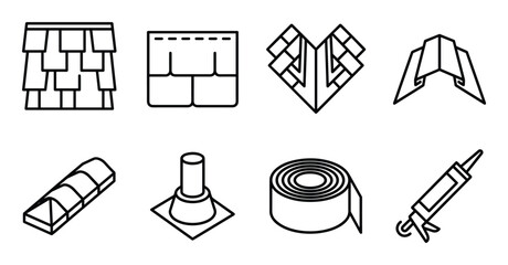 Roofing materials covering various house types and outdoor buildings with solid roofing types icon © GoDesigner