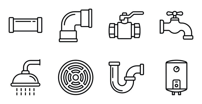 Sanitary engineering black line vector icons set plumbing equipment connection fittings and fixtures