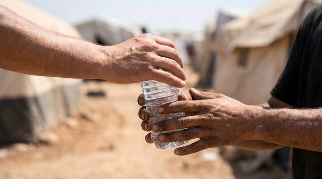 Hands passing a bottle of clean drinking water, symbolizing vital humanitarian aid and essential relief to individuals facing hardship and difficult circumstances
