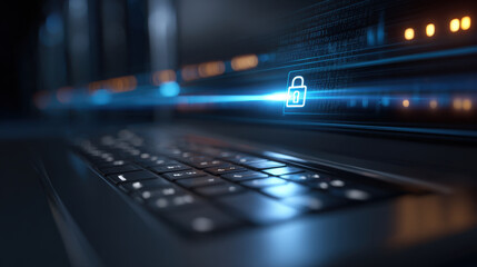 Obraz premium Locked laptop keyboard with digital padlock icon and data streams conveying cyber security protection and secure network access