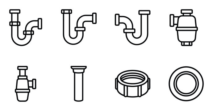 Set of plumbing pipe part line art vector illustration on transparent background
