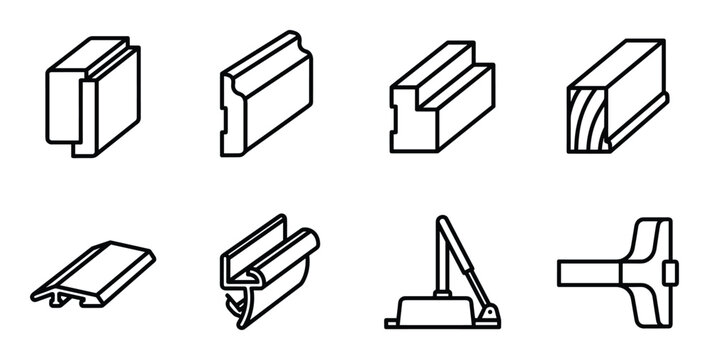 Set of wooden floor decorative mouldings line icons such as baseboard and architrave profile