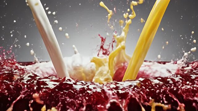 Milk and orange juice splashing into red liquid