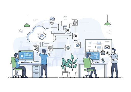 Team collaborating on cloud based technology solutions and digital transformation projects in a modern office setting