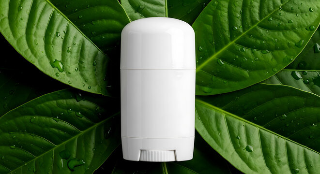 White Deodorant Stick Mockup on Fresh Green Leaves Background for Natural Skincare Branding