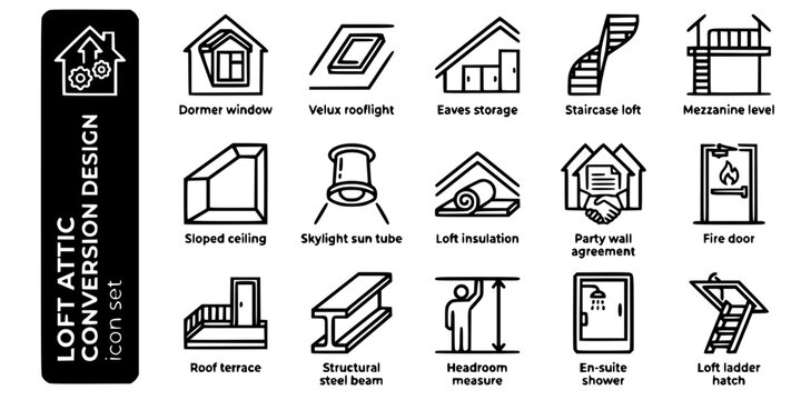 Loft Attic Conversion Design Bold Line Icons-Dormer Window Velux Rooflight Eaves Storage Loft Staircase Mezzanine Level Sloped Ceiling Skylight Sun Tube-15 Loft Conversion Icon Set Vector - Attic Desi