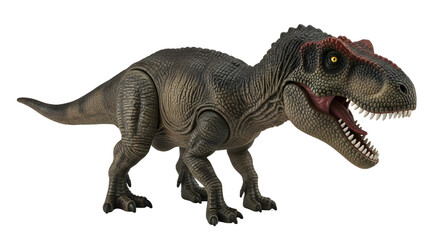 Naklejka premium Realistic Giganotosaurus dinosaur toy action figure with detailed scales and open mouth, isolated on a clean white background, perfect for educational content or children's media.