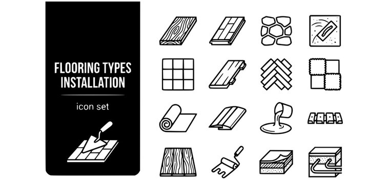 Flooring Types Installation Bold Line Icons-Solid Hardwood Plank Engineered Oak Stone Flagging Polished Concrete Ceramic Tile LVT Vinyl Herringbone Parquet-15 Flooring Icon Set Vector - Installation I
