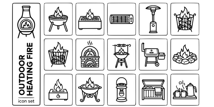 Outdoor Heating Fire Bold Line Icons-Chiminea Clay Fire Pit Bowl Steel Fire Table Gas Outdoor Wall Heater Patio Heater Gas Fire Basket Pizza Oven Smoker-15 Outdoor Heating Icon Set Vector - Fire Icons