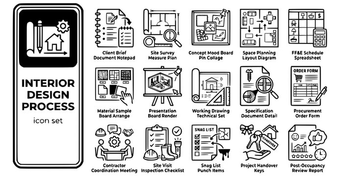Interior Design Process Bold Line Icons-Client Brief Site Survey Concept Mood Board Space Planning FF&E Schedule Material Sample Presentation Board Working Drawing-15 Design Process Icon Set Vector - 