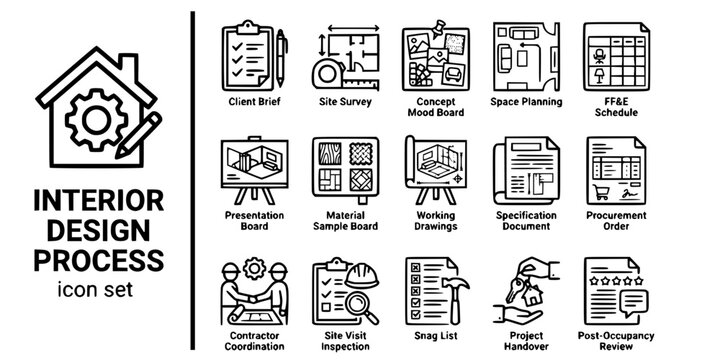 Interior Design Process Bold Line Icons-Client Brief Site Survey Concept Mood Board Space Planning FF&E Schedule Material Sample Presentation Board Working Drawing-15 Design Process Icon Set Vector - 