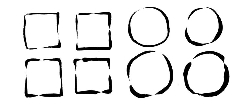 筆書きのフレームセット、ベクター、和風、墨、円、四角、飾り枠、手書き、かすれ、和モダン、背景素材、日本