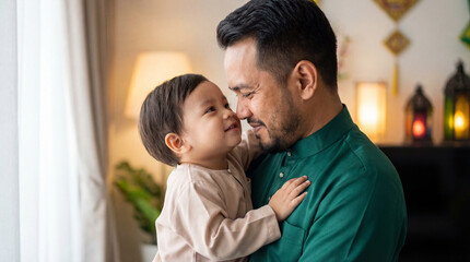 Fototapeta premium Loving Malay Father and Son Celebrating Traditional Eid al-Fitr