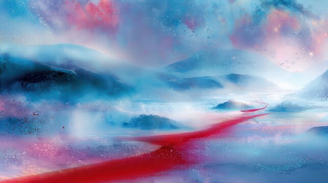 Abstract Landscape With Red River And Misty Mountains In Hazy Blue Sky With Pink Purple Light Particles And Digital Pixelation Effect