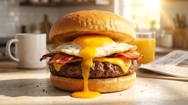 A delicious breakfast burger with a runny fried egg, crispy bacon, and melted cheese, served in a sunlit kitchen with orange juice.