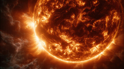 Fototapeta premium Blazing close up of fiery sun surface with swirling plasma, solar flare and eruptive prominences creating intense heat and dramatic light