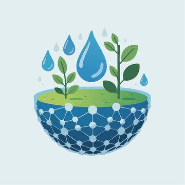Eco friendly water conservation illustration with green plants and dro