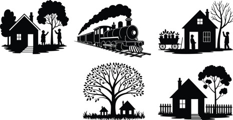 Obraz premium Village life silhouette collection with houses, trees, people, steam train and rural scenes, black vector illustration set isolated on white background for landscape design