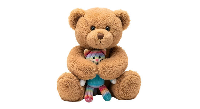 Adorable brown fluffy teddy bear holding a small colorful striped plush toy, isolated on a clean white background, perfect for children's themes and toy promotions