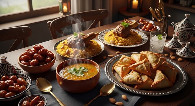 traditional middle eastern iftar feast with steaming lamb rice lentil soup and dates on a wooden table perfect for ramadan.