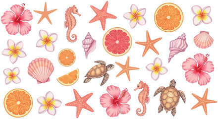 Vibrant Summer Tropical Vector Art Collection Featuring Seashells, Starfish, Seahorses, Hibiscus Flowers, Frangipani, and Citrus Slices © Pronob Kumar Ray