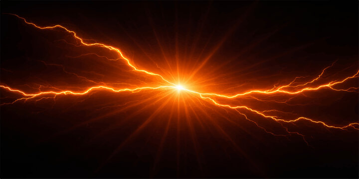 A bright explosion of orange energy and red heat ignites the dark night sky with a powerful glow of lightning rays